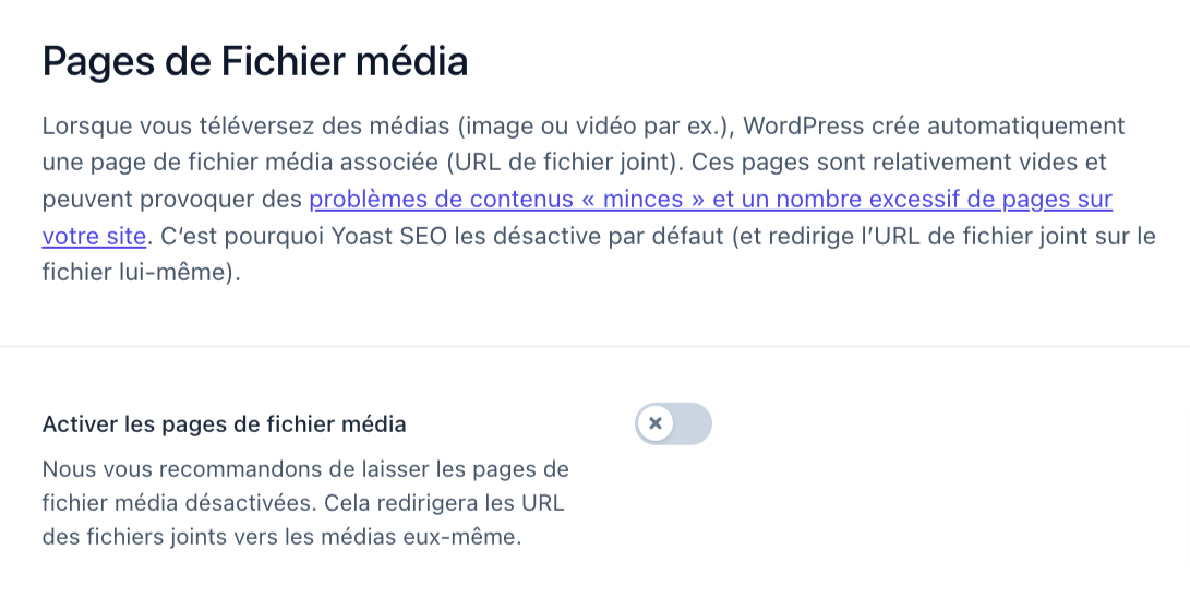 Réglages des pages de fichier média.