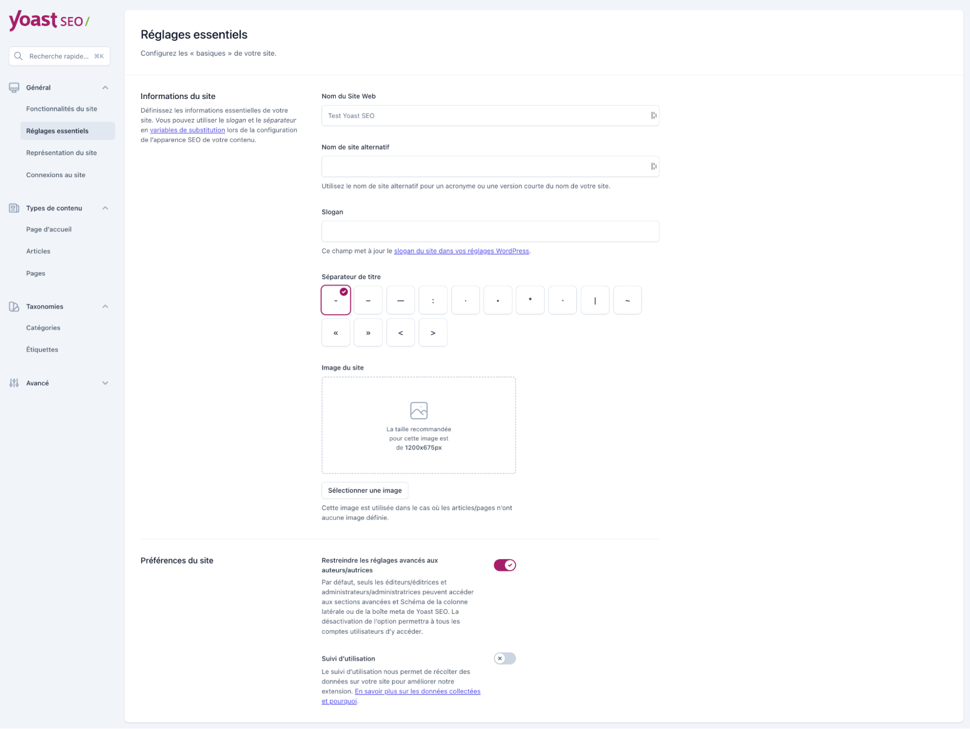 Les réglages essentiels proposés par le plugin WordPress Yoast SEO.