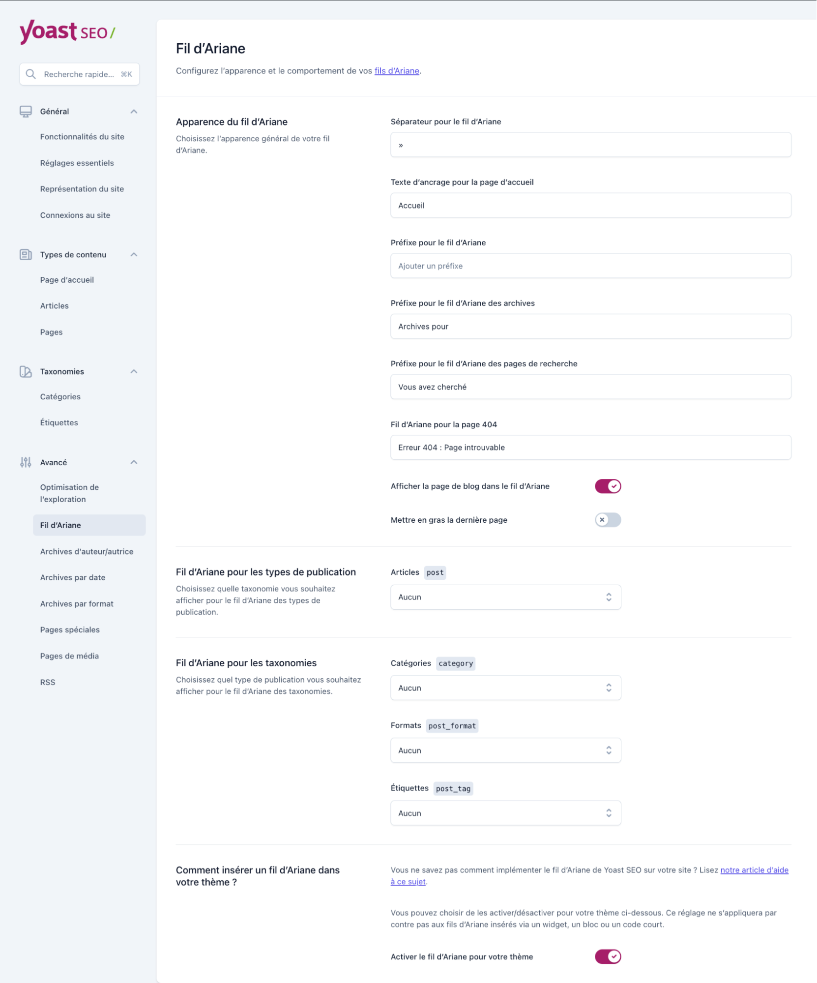 Yoast SEO permet de configurer l'apparence et le comportement de votre fil d'Ariane.