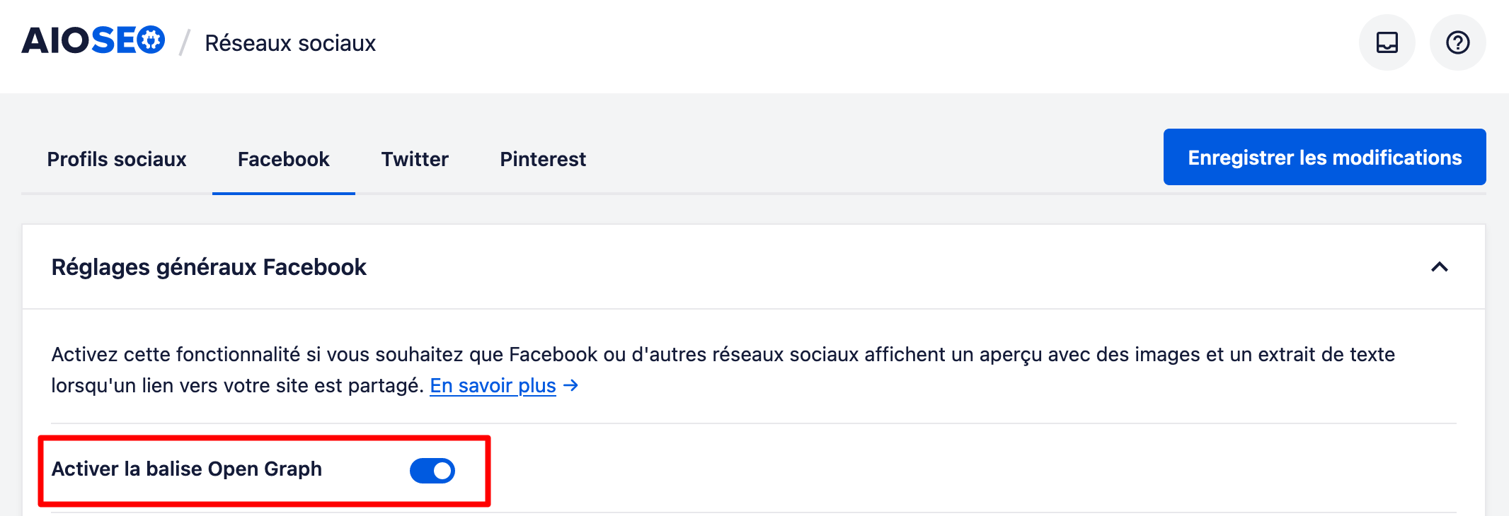 L'extension WordPres All in One SEO permet d'activer la balise Open Graph.