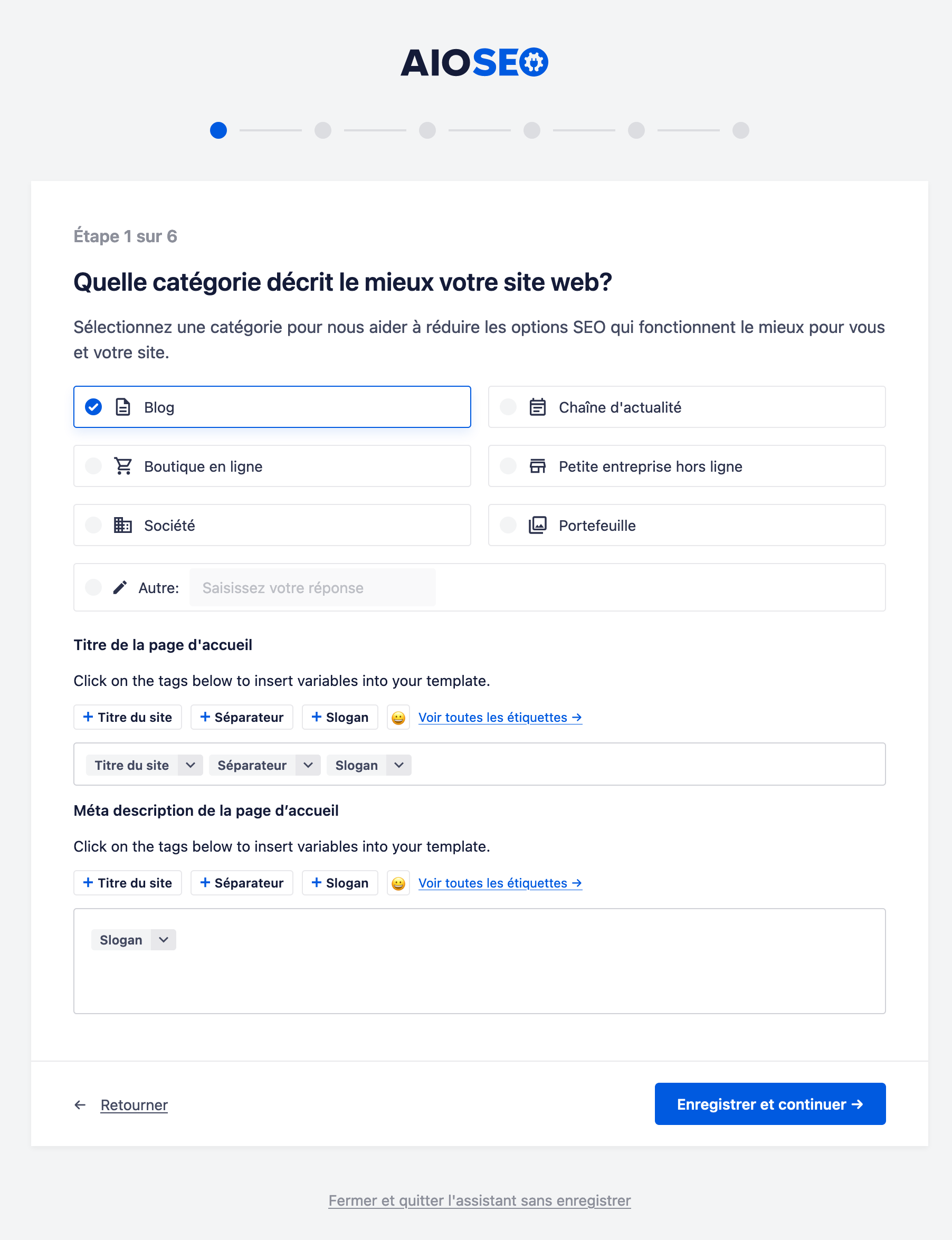 L'assistant de configuration d'All in One SEO demande de décrire la catégorie de votre site web.