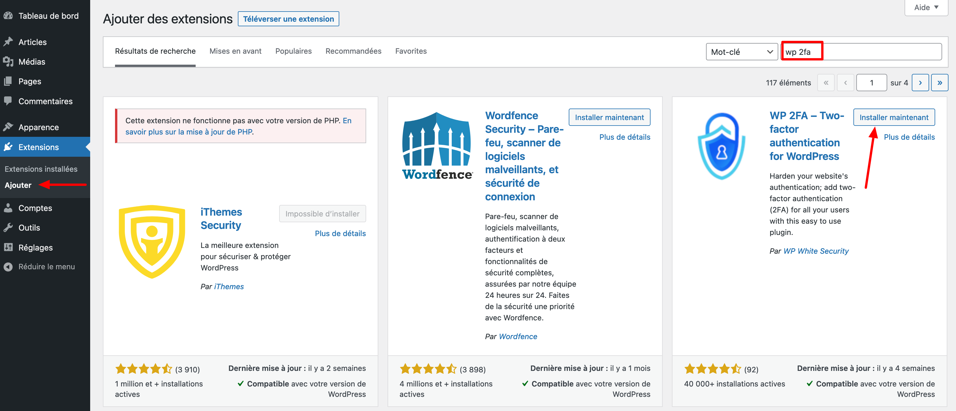 Installation de WP 2FA, un plugin de double authentification WordPress.