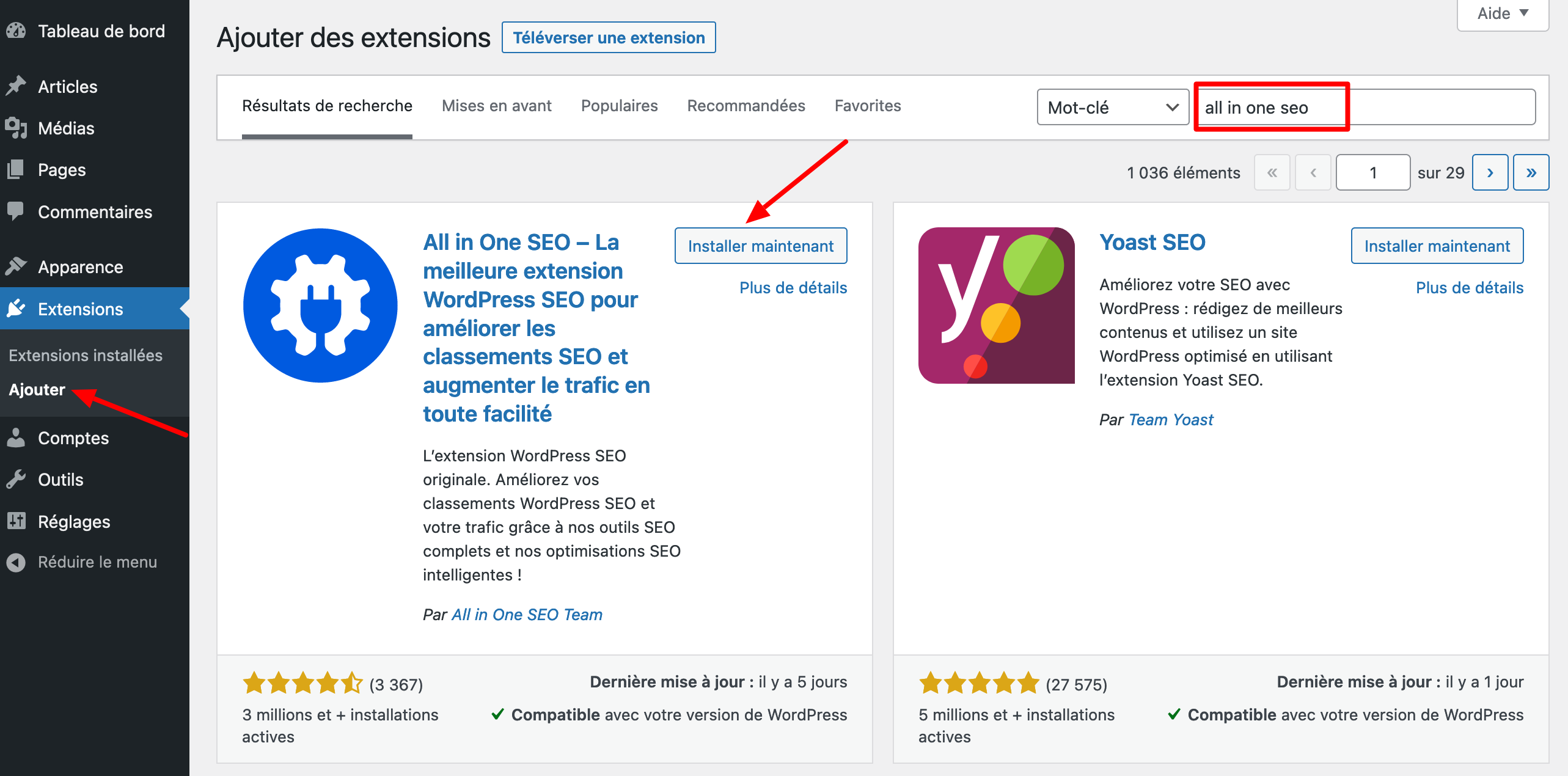 Installation du plugin All in One SEO sur WordPress.