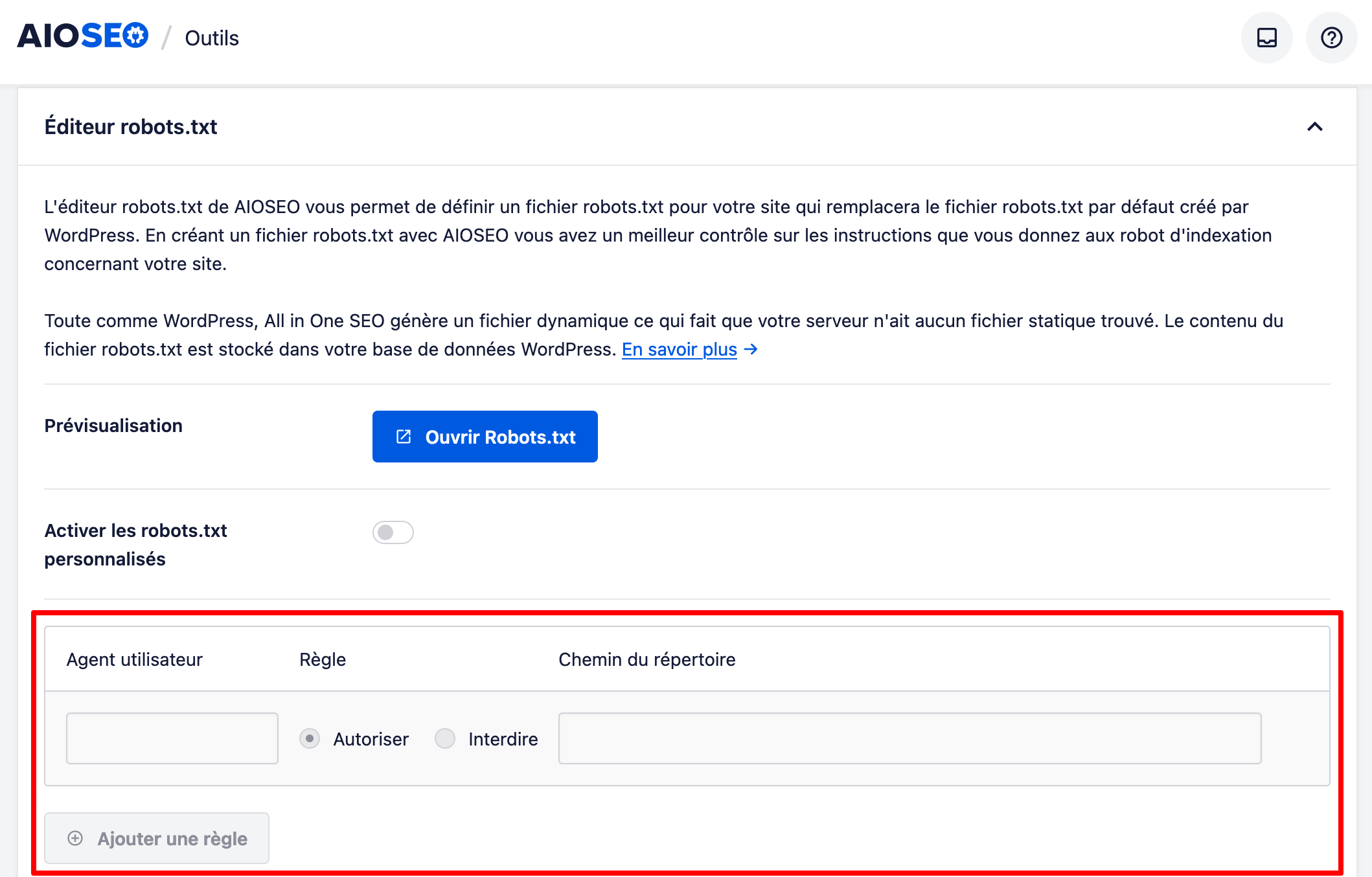 All in One SEO propose un éditeur de fichier robots.txt.
