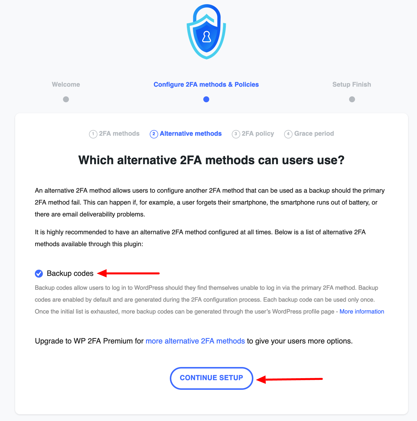 WP 2FA permet de récupérer un code de sauvegarde.