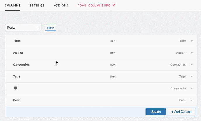 La configuración del plugin Admin Columns.