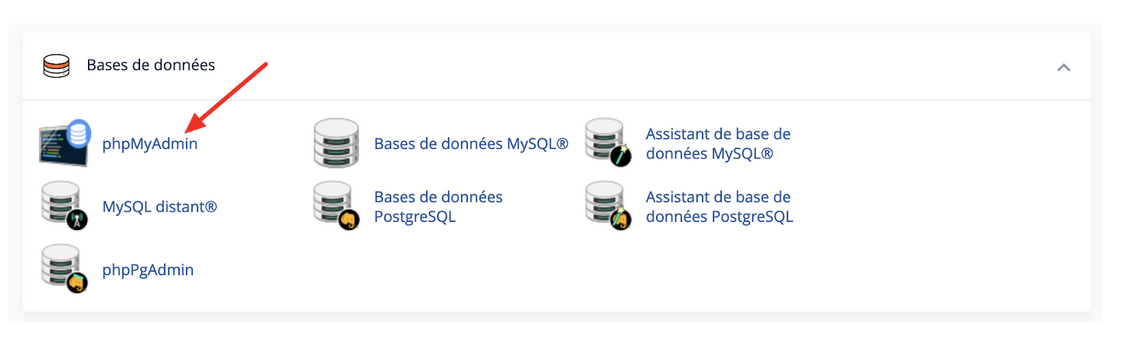 phpMyAdmin est accessible depuis l'interface cPanel de votre hébergeur.