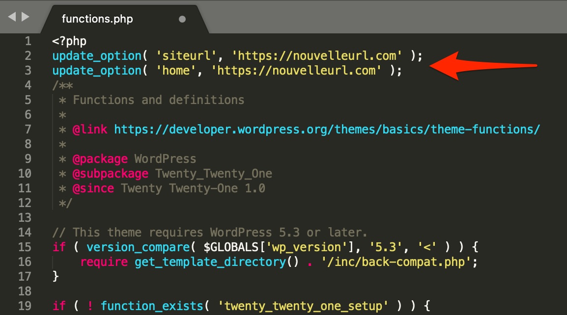 Vous pouvez changer l'URL d'un site WordPress dans le fichier functions.php de votre thème.