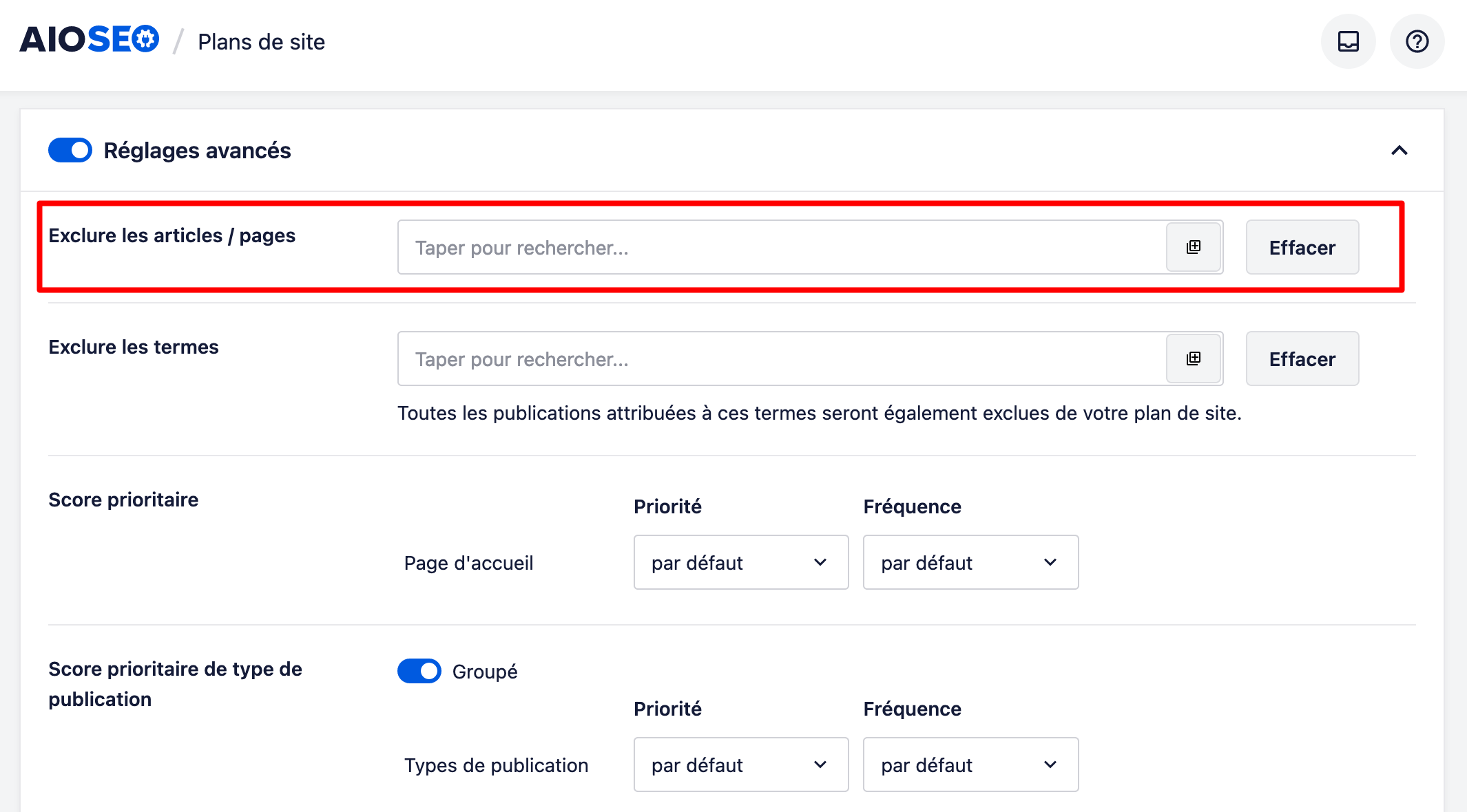L'option Plans de site d'AISEO permet d'exclure certains contenus.