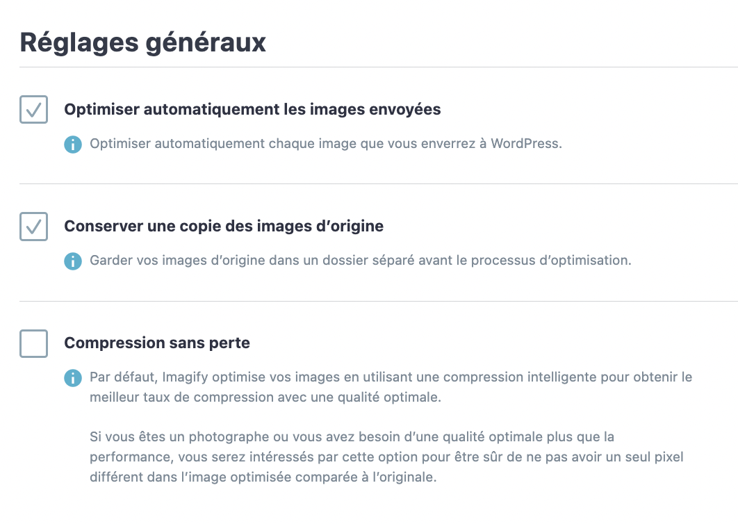 Aperçu des réglages de l'extension Imagify.