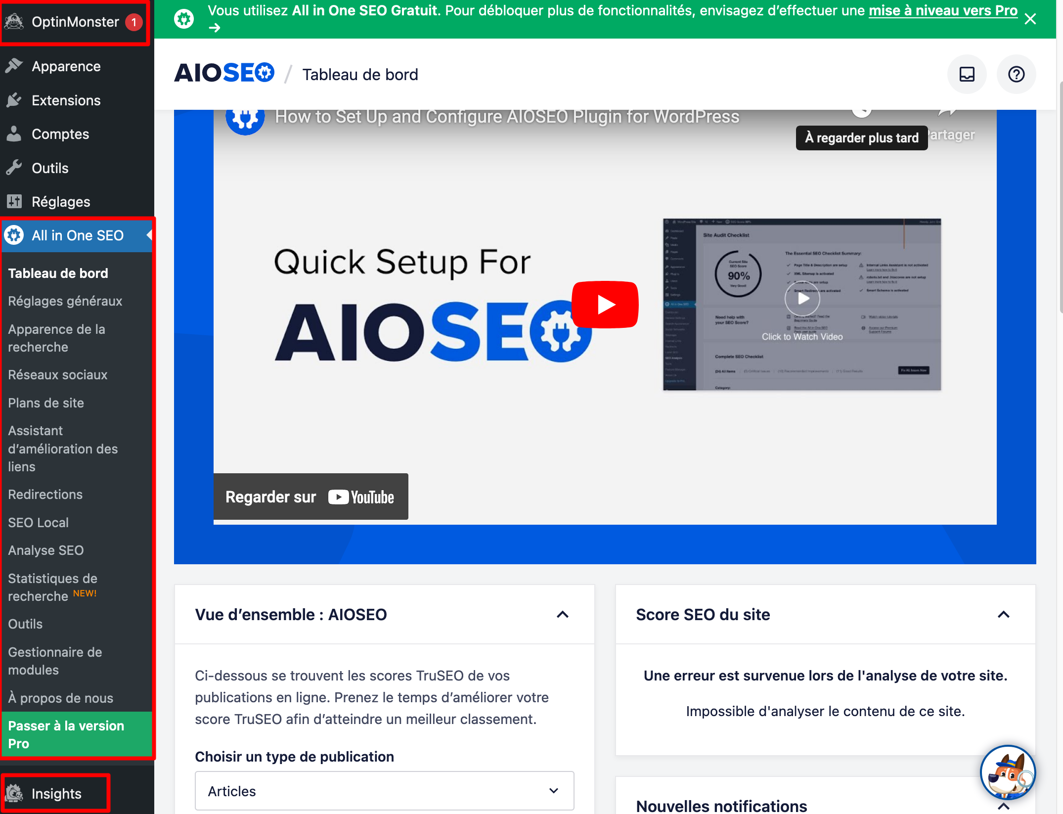 Le tableau de bord d'All in One SEO est bien chargé en options.