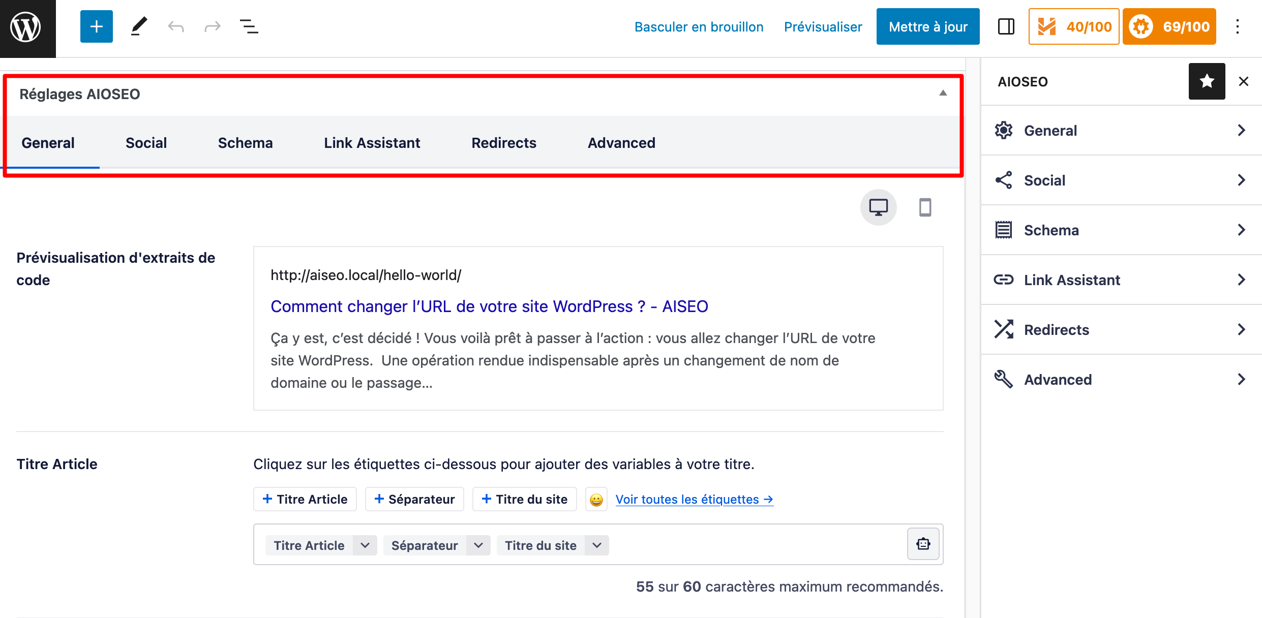 Les réglages proposés par Gutenberg sur All in One SEO.