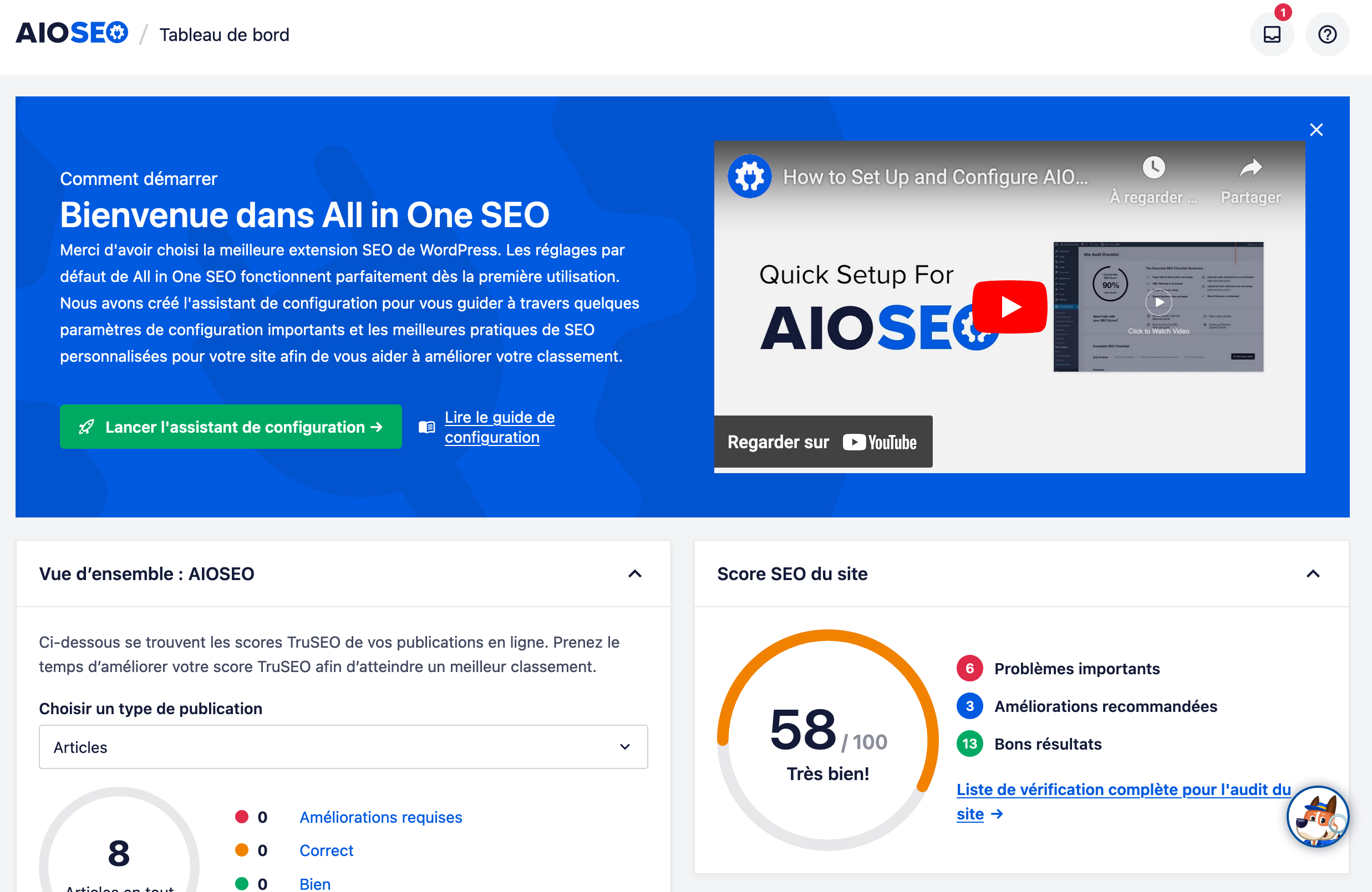 Le tableau de bord d'All in One SEO propose un score SEO de votre site.