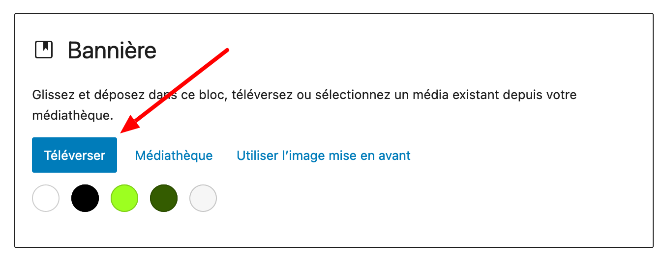 Téléversement d'une image dans un bloc Bannière sur WordPress.