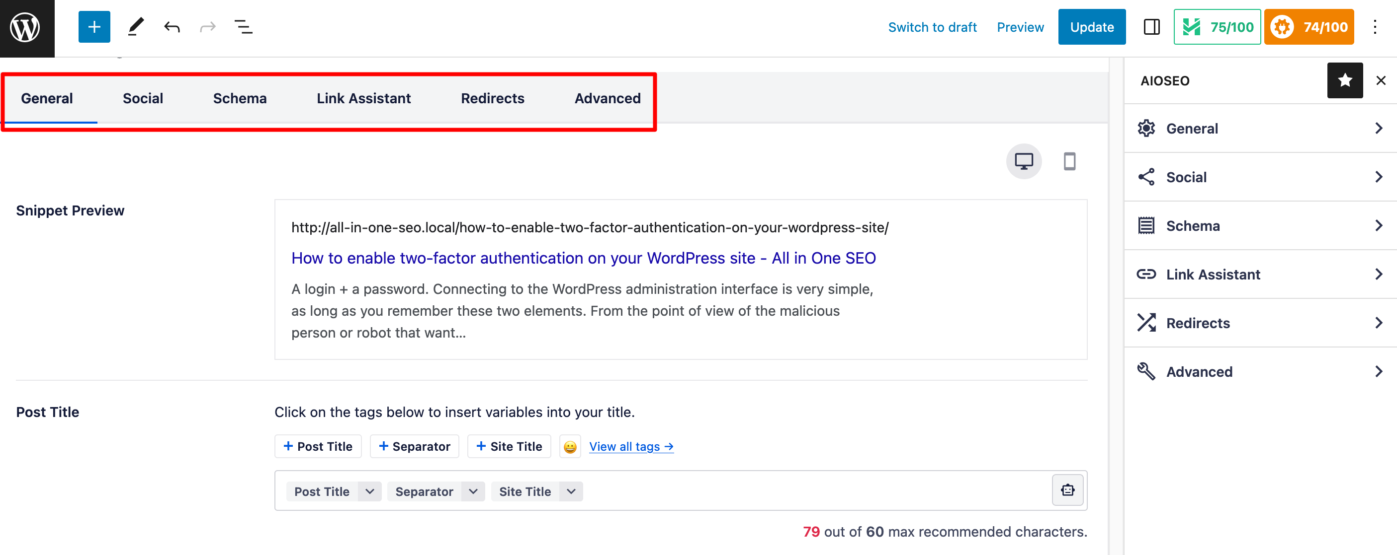 The AIOSEO settings in Gutenberg.