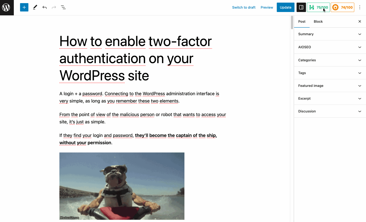 The AIOSEO interface in Gutenberg.