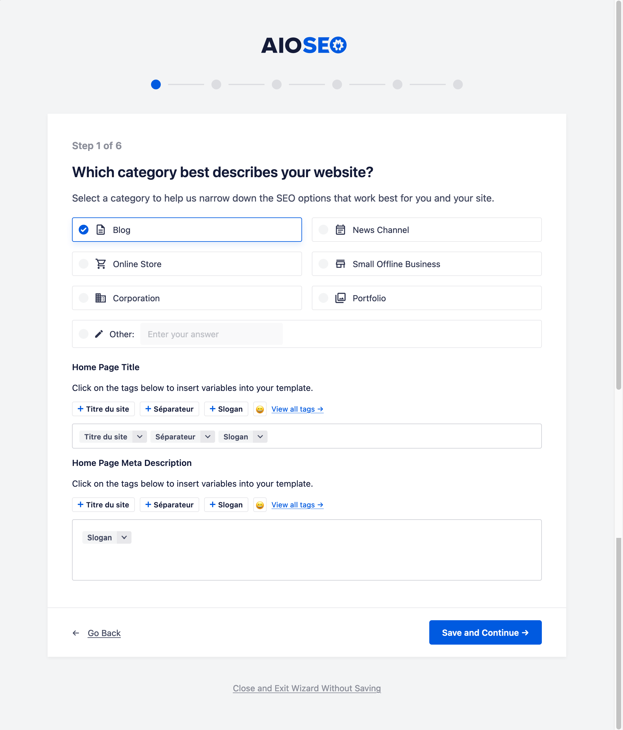The AIOSEO configuration wizard asks you to select a category for your website.
