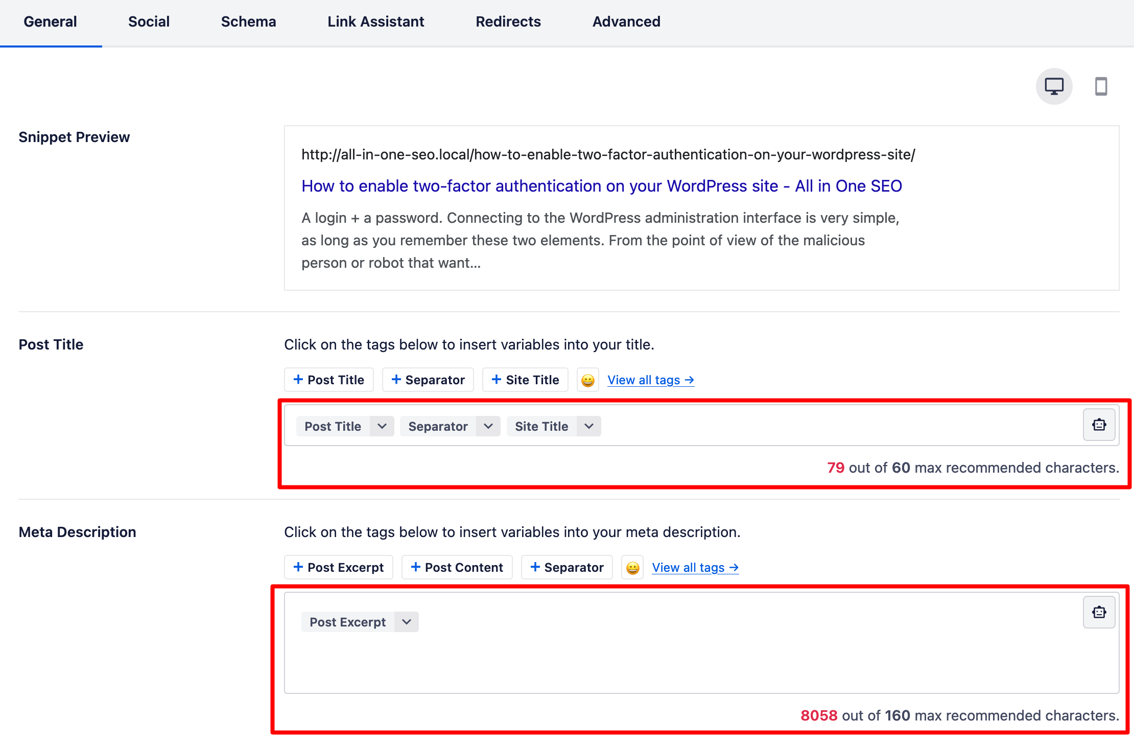 AIOSEO allows you to change your title and meta description tags.