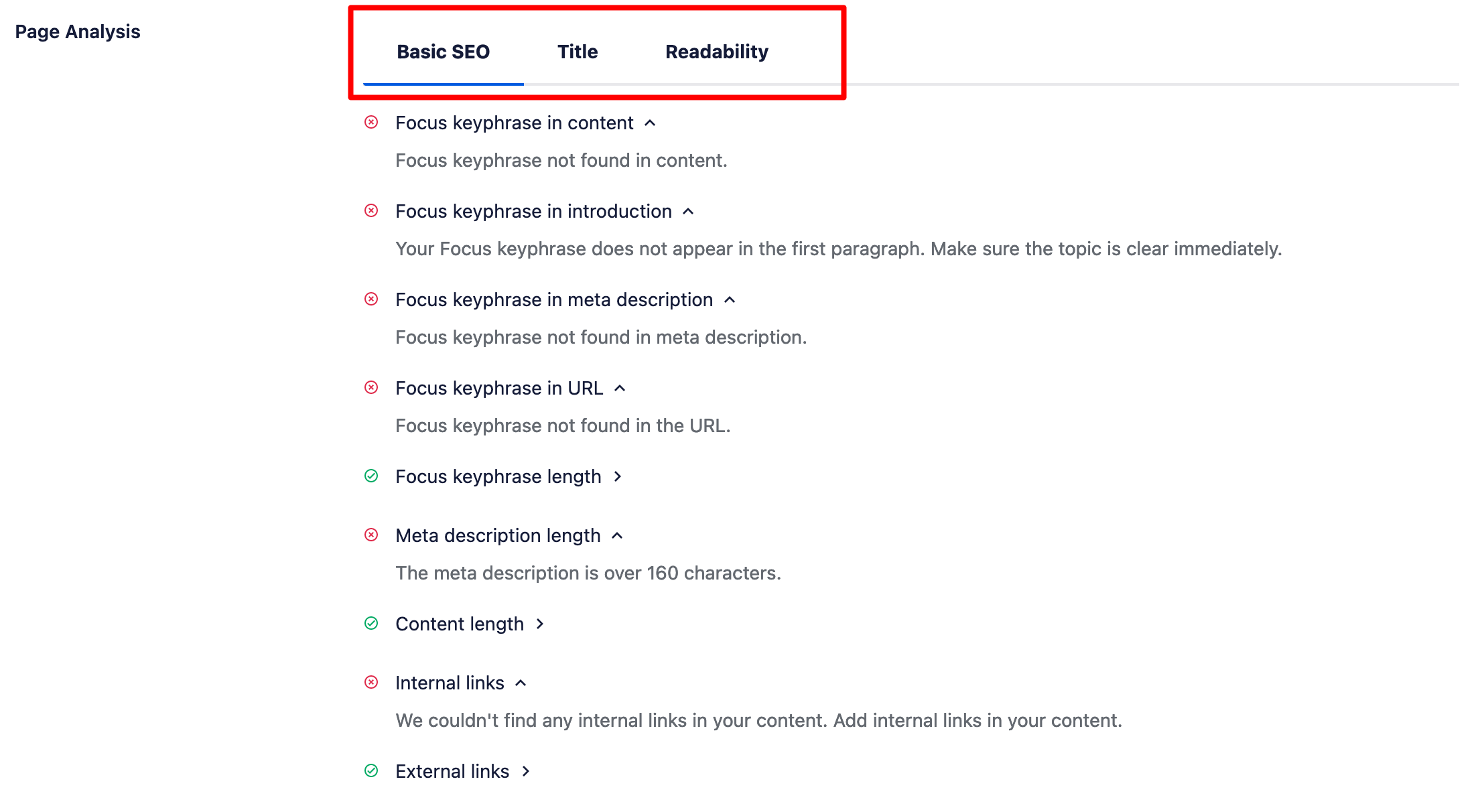 After a page analysis, AIOSEO provides suggestions for improvement.