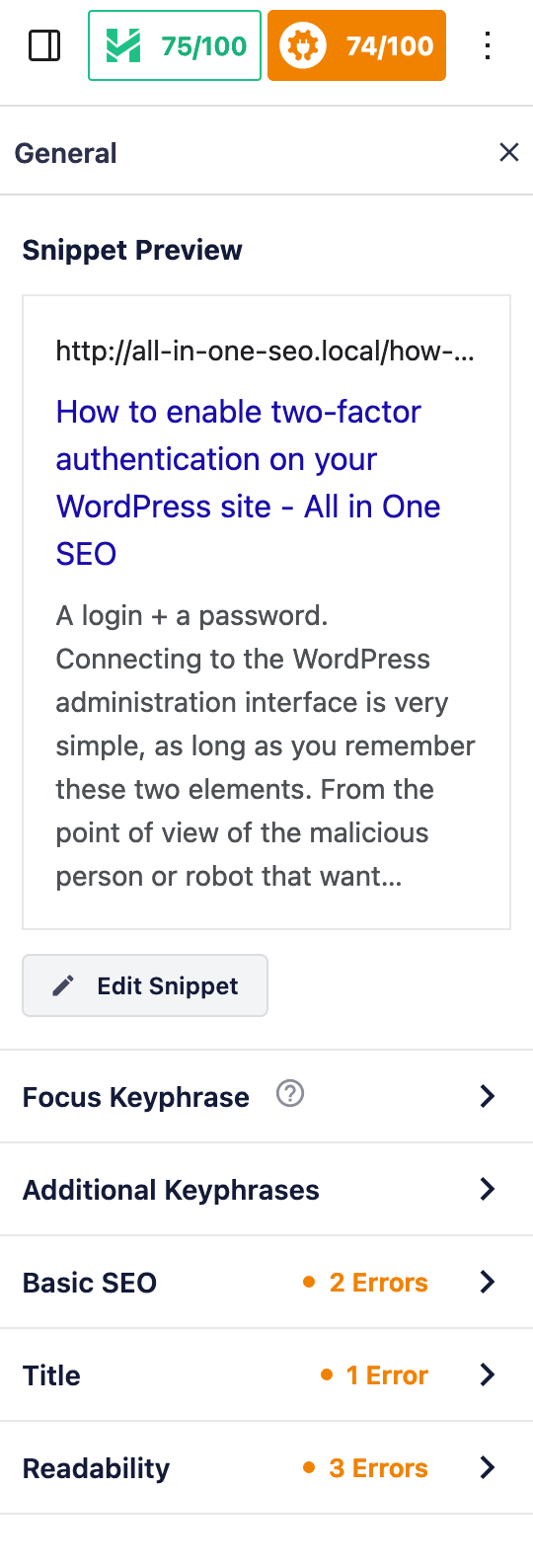 All in One SEO allows you to modify settings from a toolbar in the WordPress content editor.