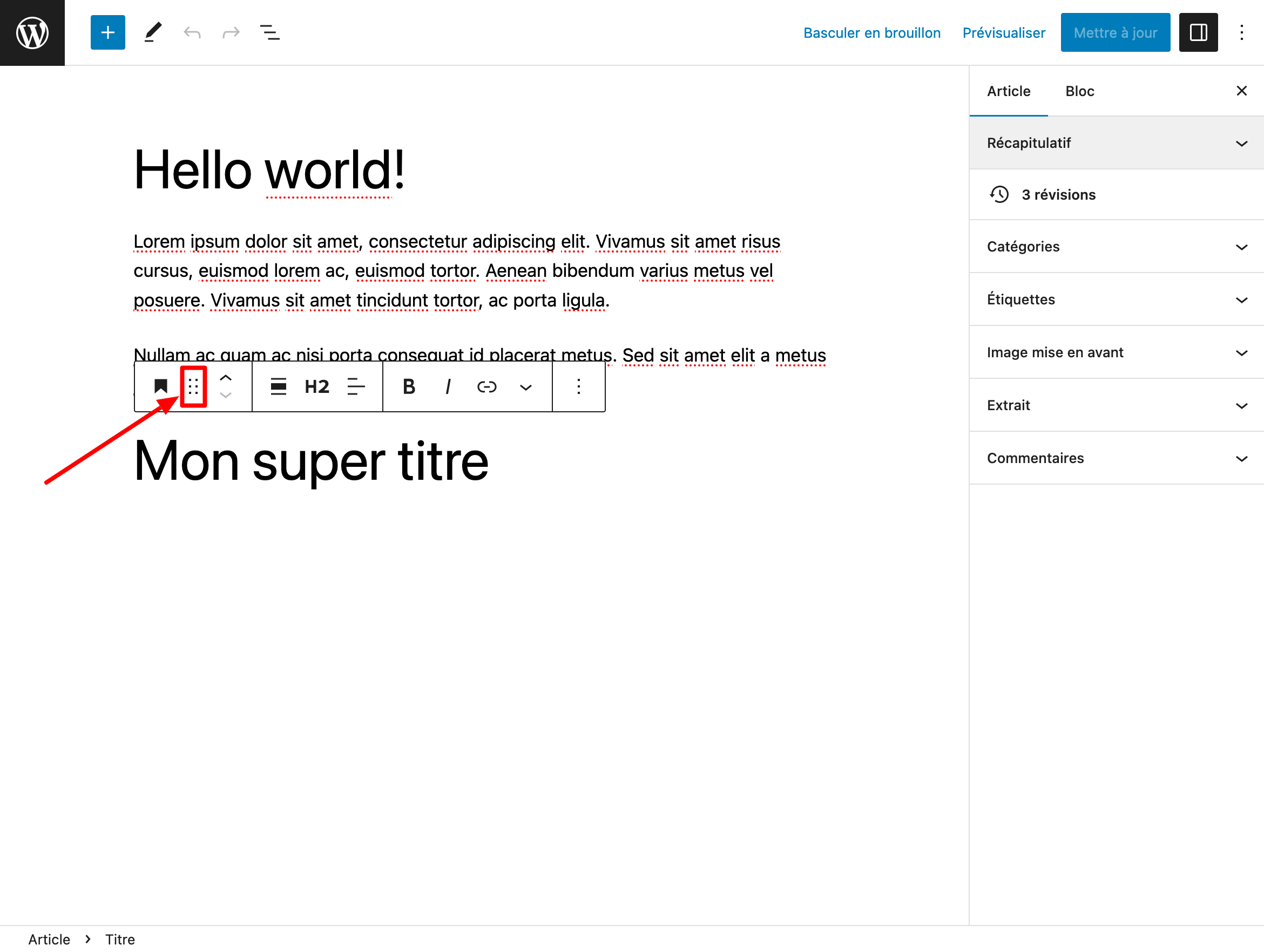 Il est possible de glisser-déposer un bloc sur Gutenberg WordPress.