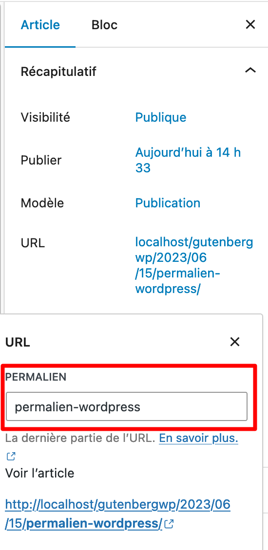 Ajout d'un permalien sur Gutenberg.