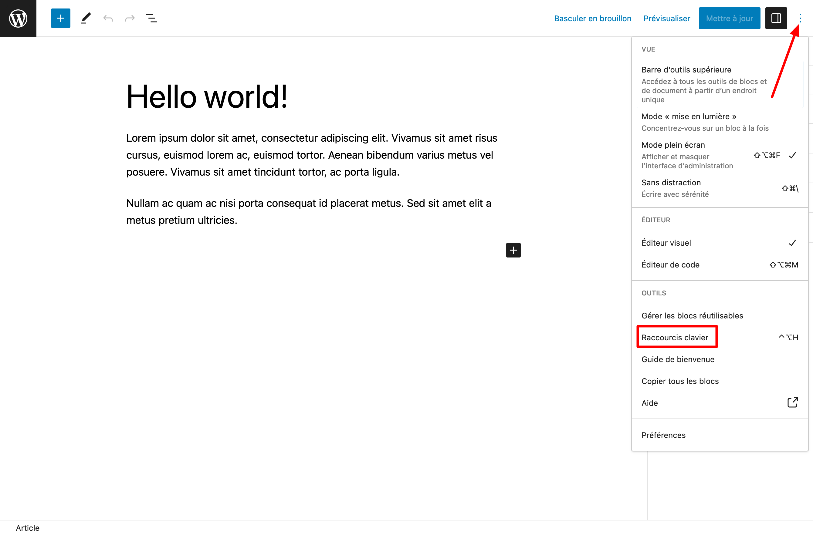 L'éditeur Gutenberg de WordPress dispose de raccourcis clavier.