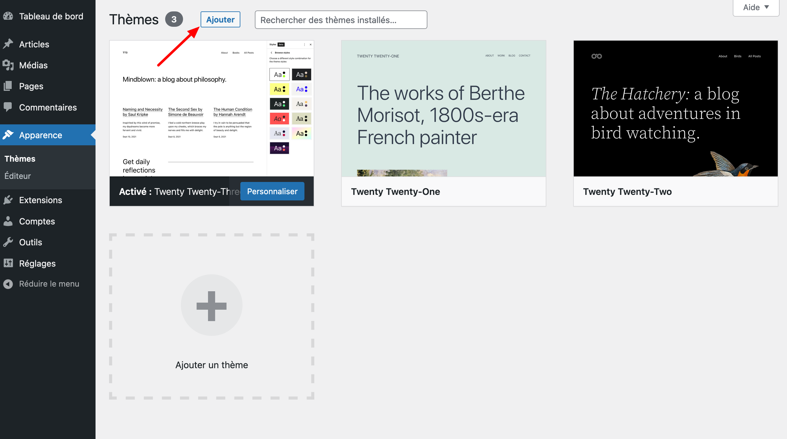 Ajout d'un thème WordPress sur le back-office du CMS.