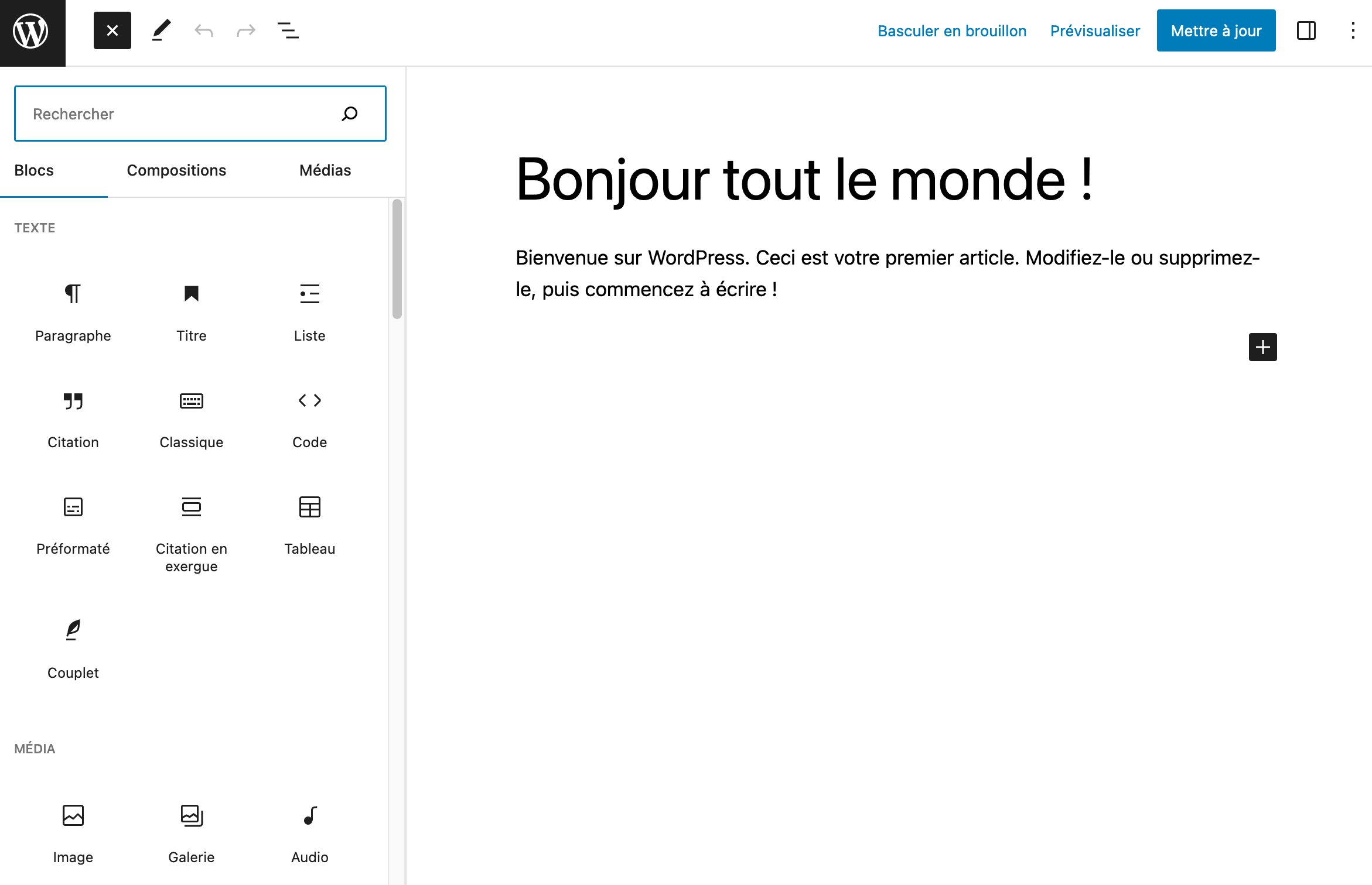 Aperçu de certains blocs proposés par défaut par WordPress
