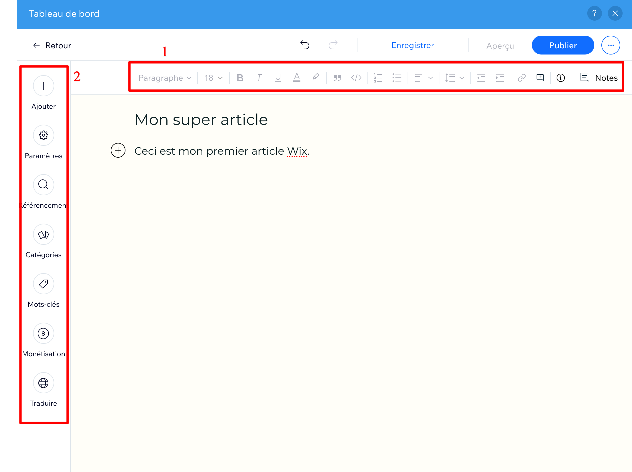Wix dispose d'options pour paramétrer un blog.