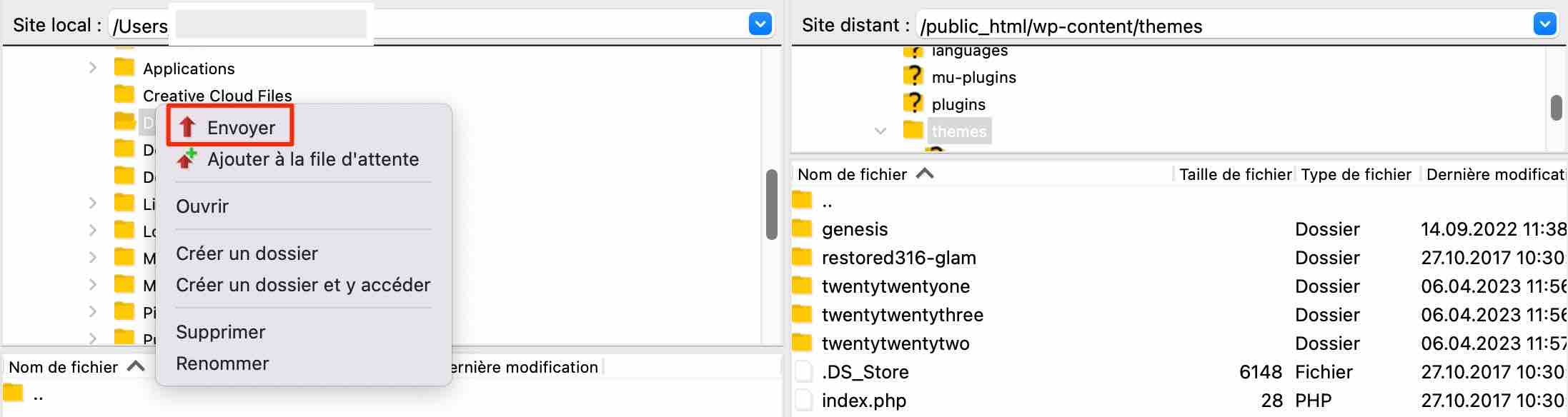 Envoi d'un répertoire sur FileZilla.