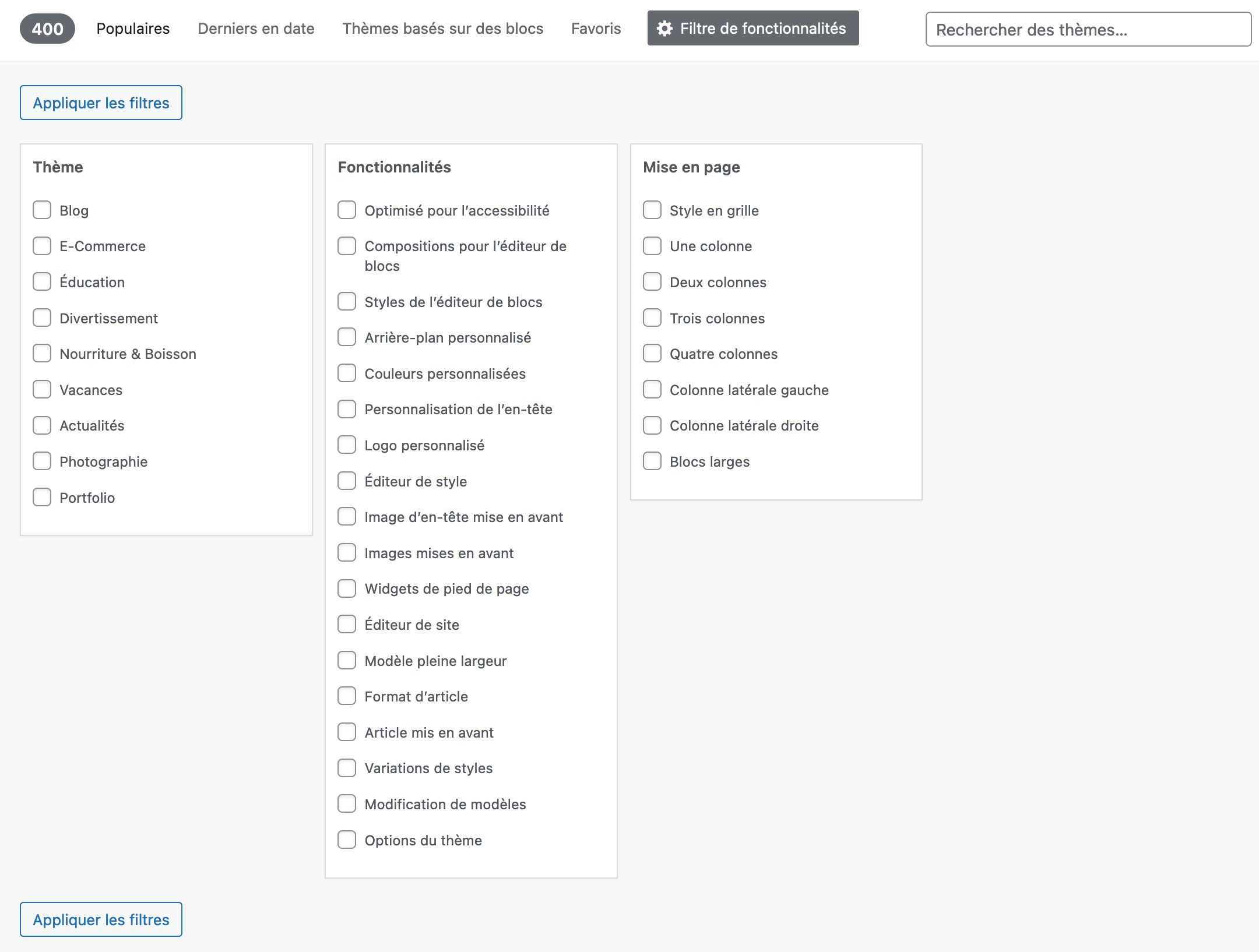 Filtre de fonctionnalités proposé par WordPress.