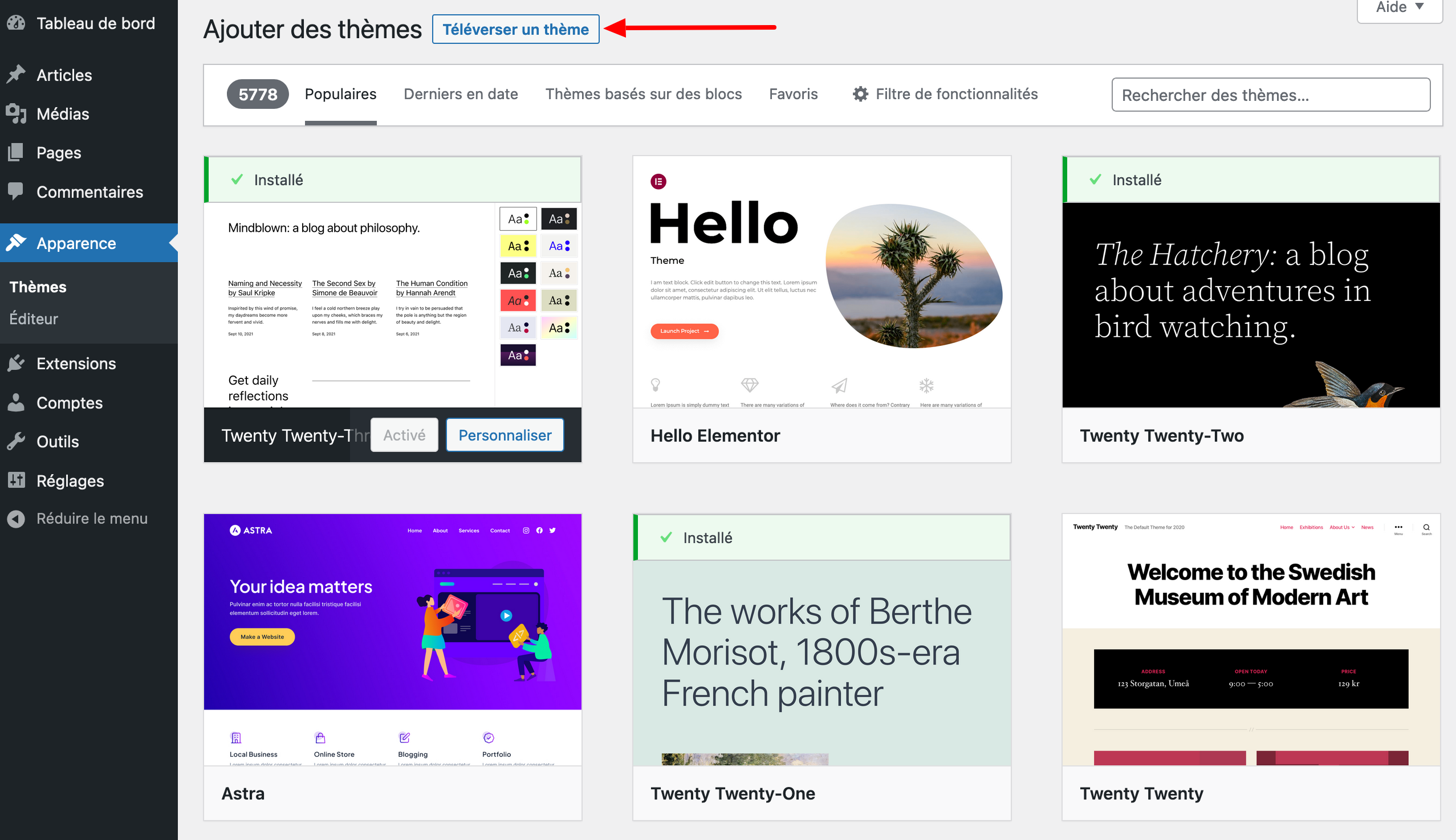 Il est possible d'installer un thème WordPress en le téléversant.