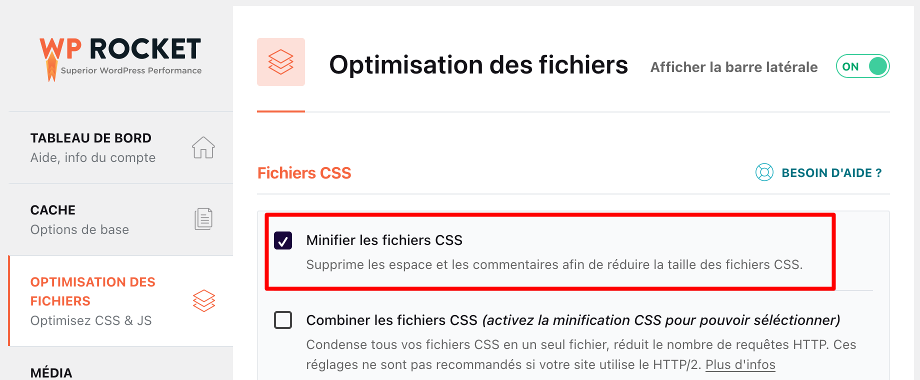 Minification des fichiers CSS sur WP Rocket.