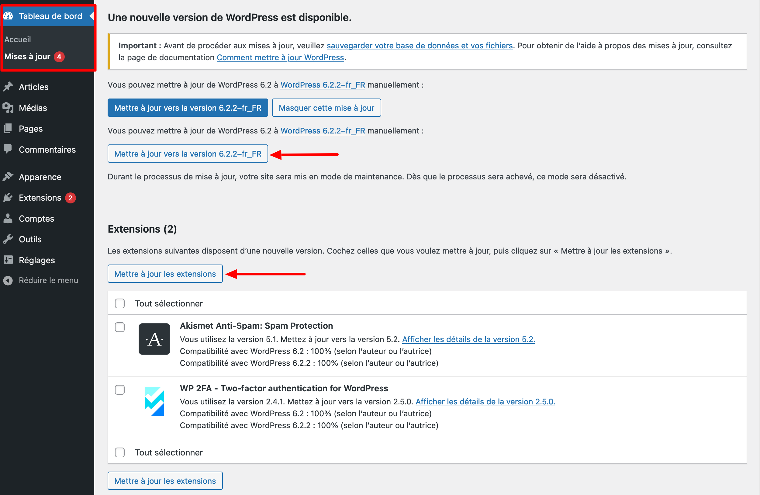 Mise à jour d'extensions sur WordPress.