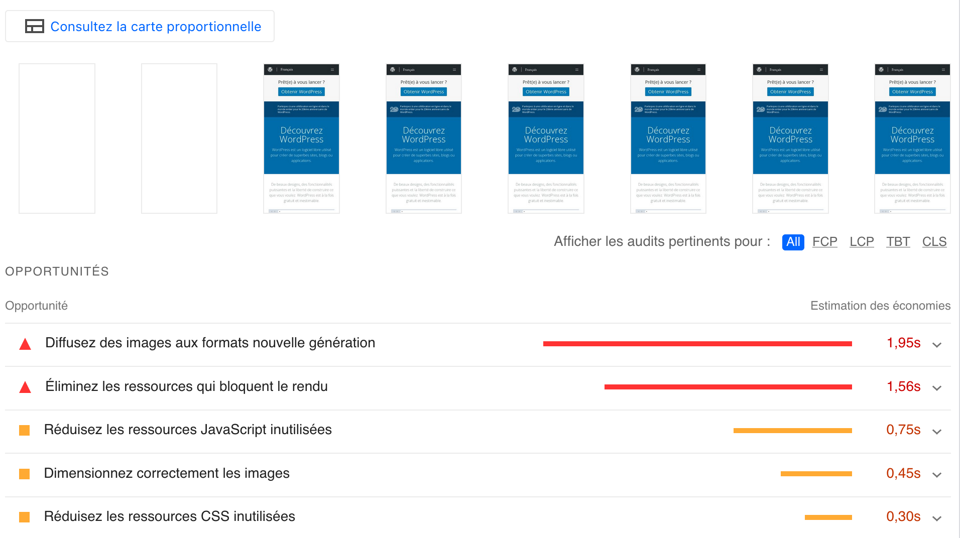 Opportunités et diagnostic proposées par PageSpeed Insights.