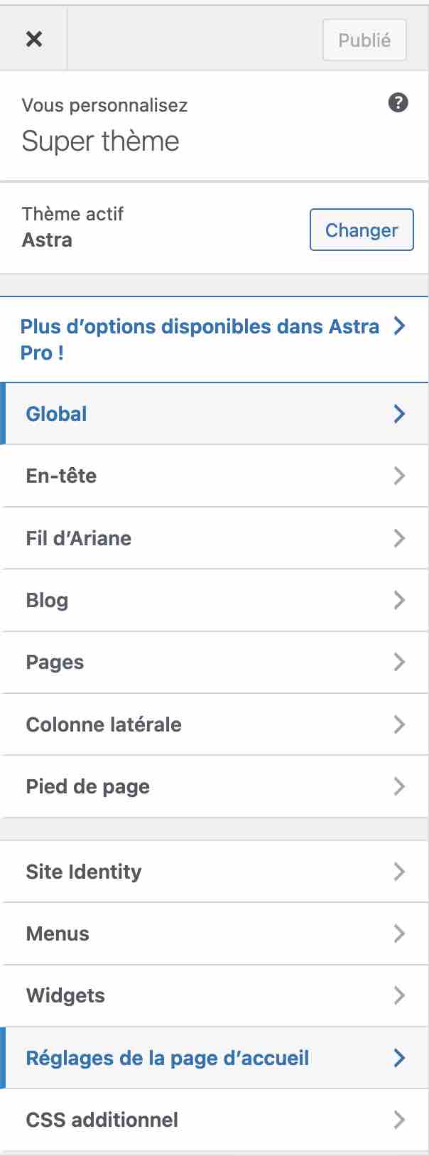 Les options du thème Astra sur l'Outil de personnalisation de WordPress.