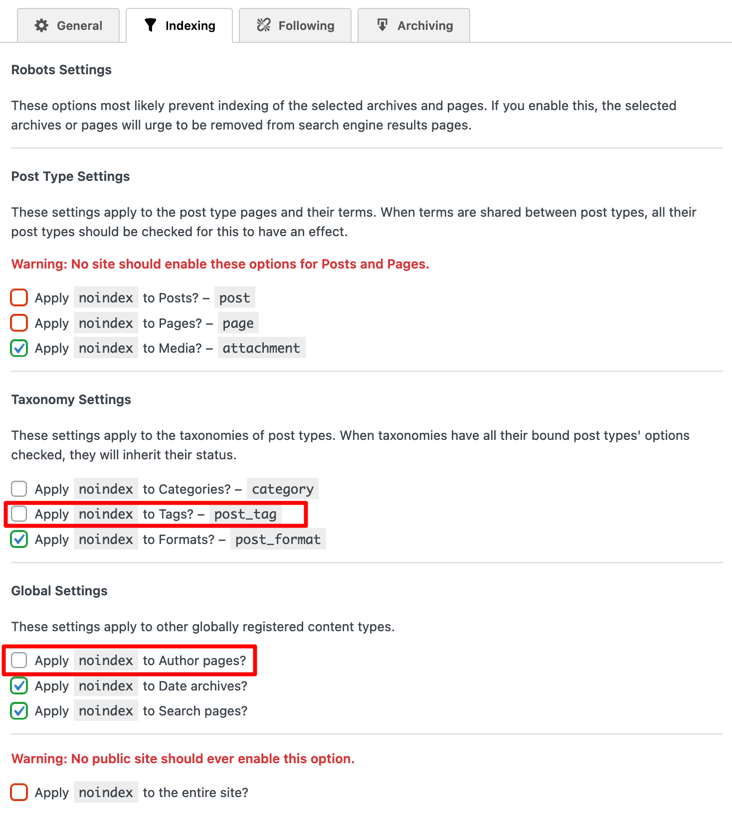 Post type settings on The SEO Framework.