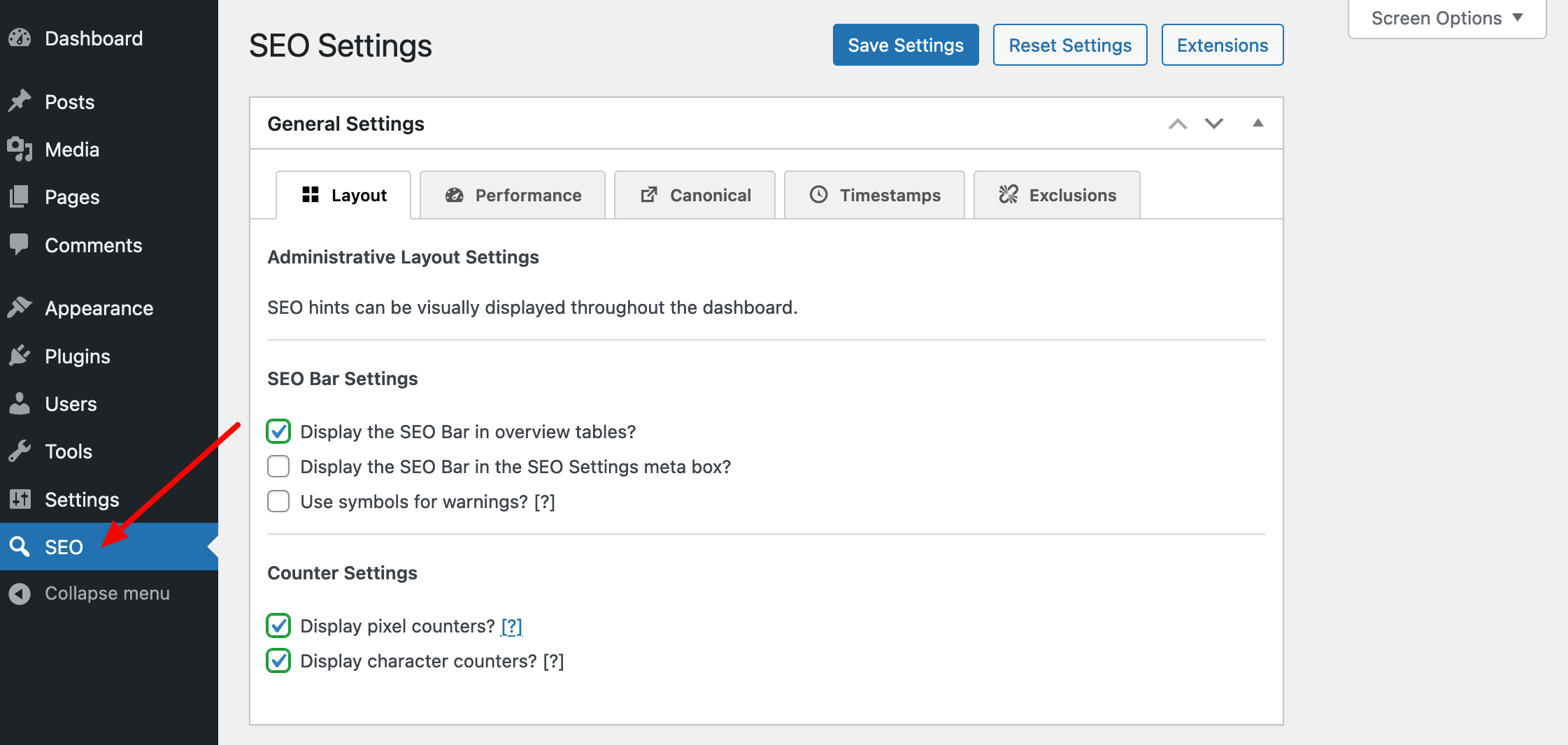 The SEO Framework settings menu.