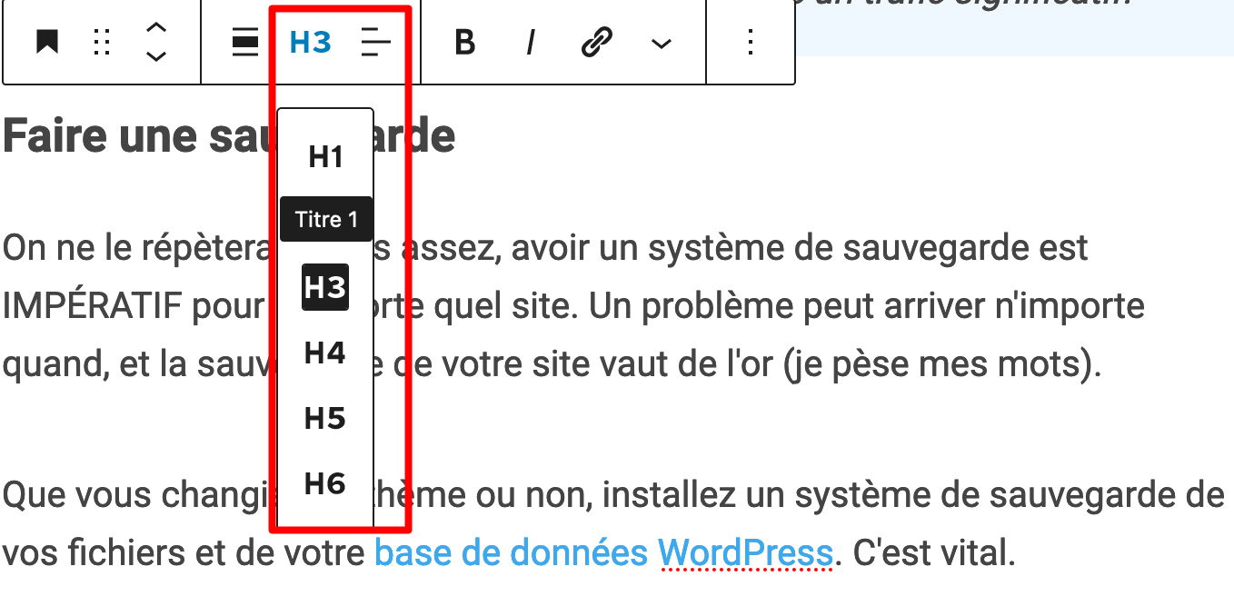 Balises hn pour les titres sur WordPress.