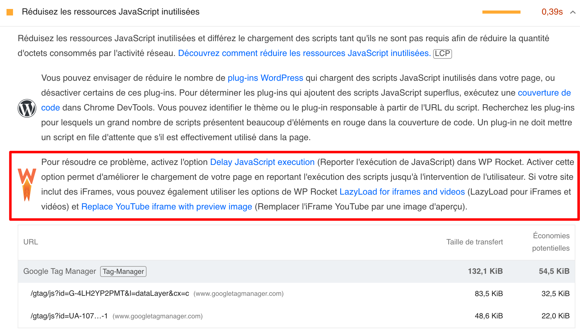 PageSpeed Insights propose des recommandations de plugins WordPress.