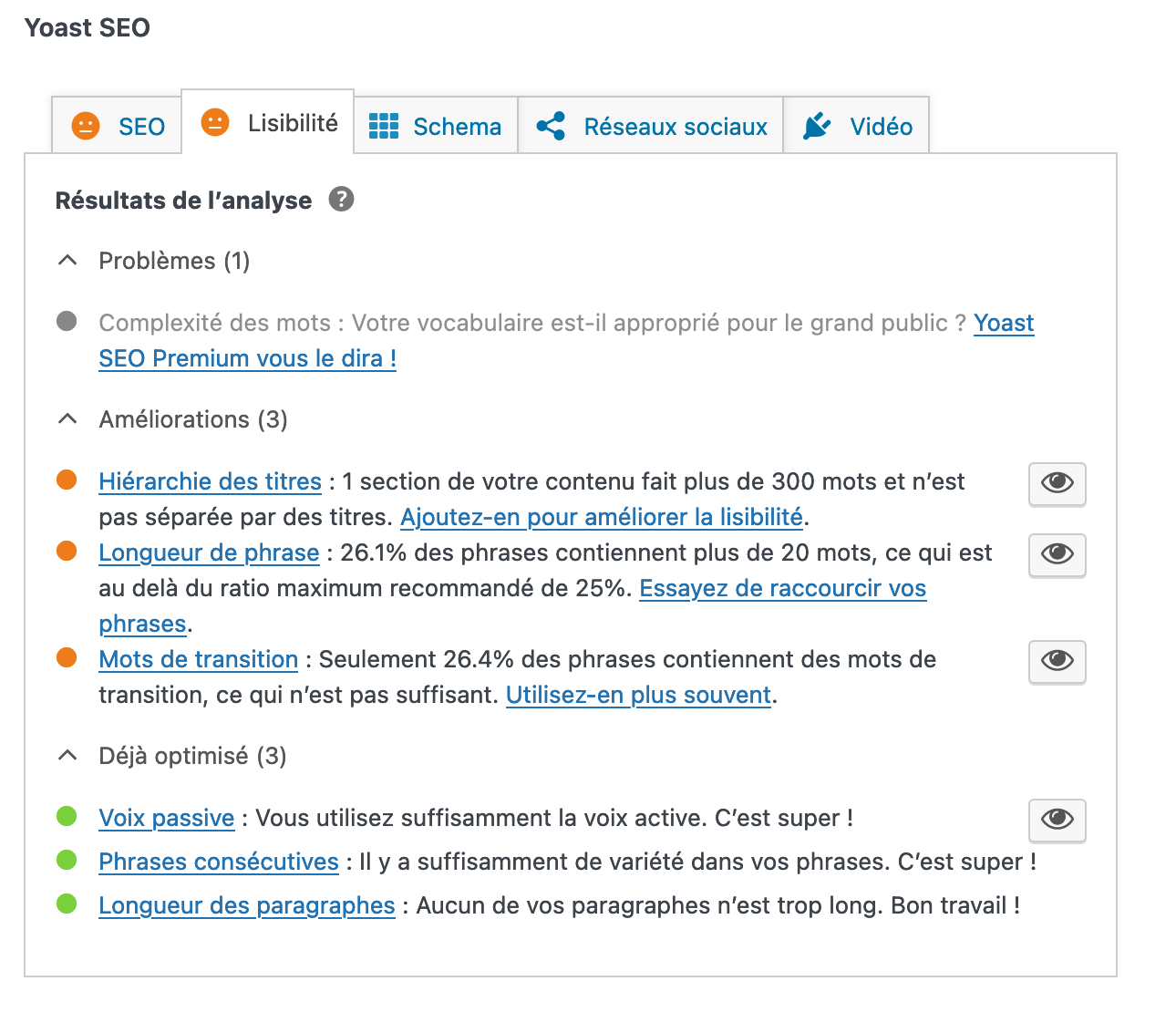 L'onglet « Lisibilité » de Yoast SEO.