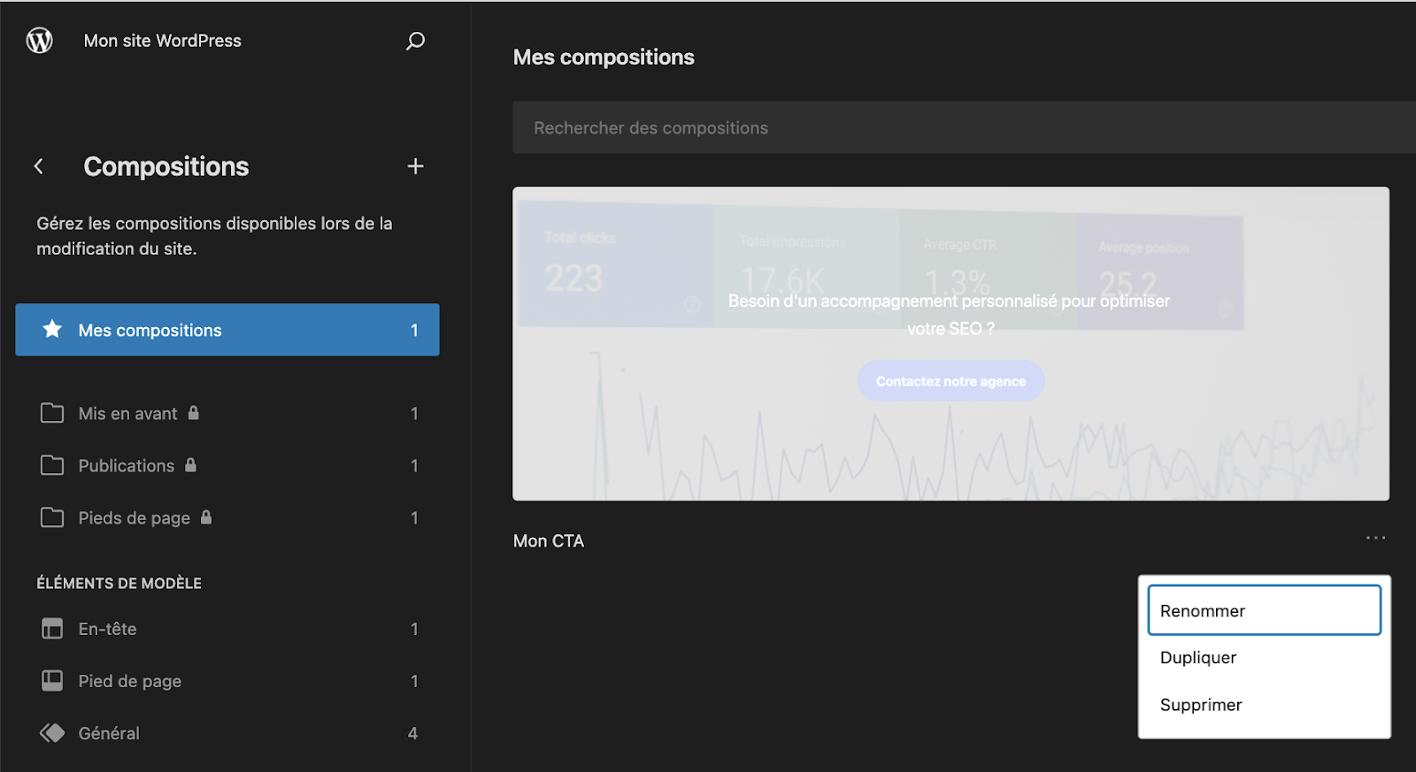 Il est possible de gérer vos compositions de blocs depuis l'Éditeur de site de WordPress.