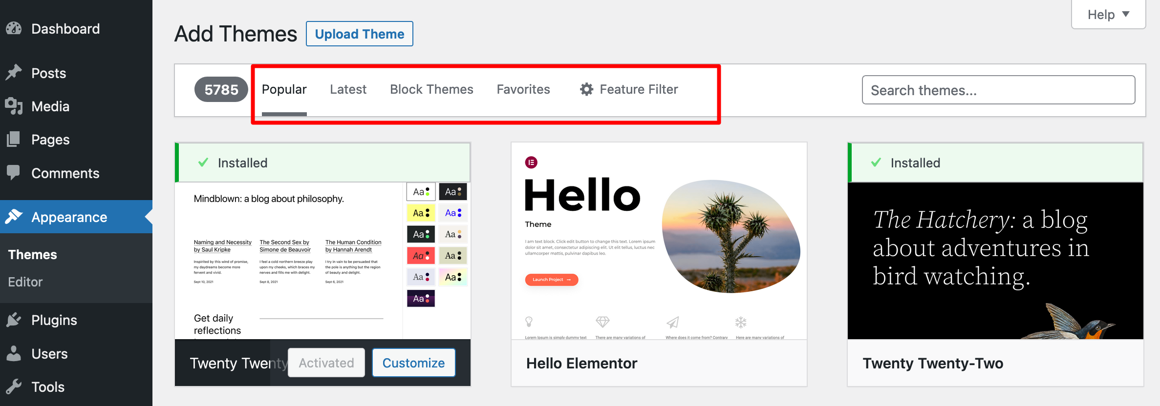 WordPress categorizes themes under four tabs.