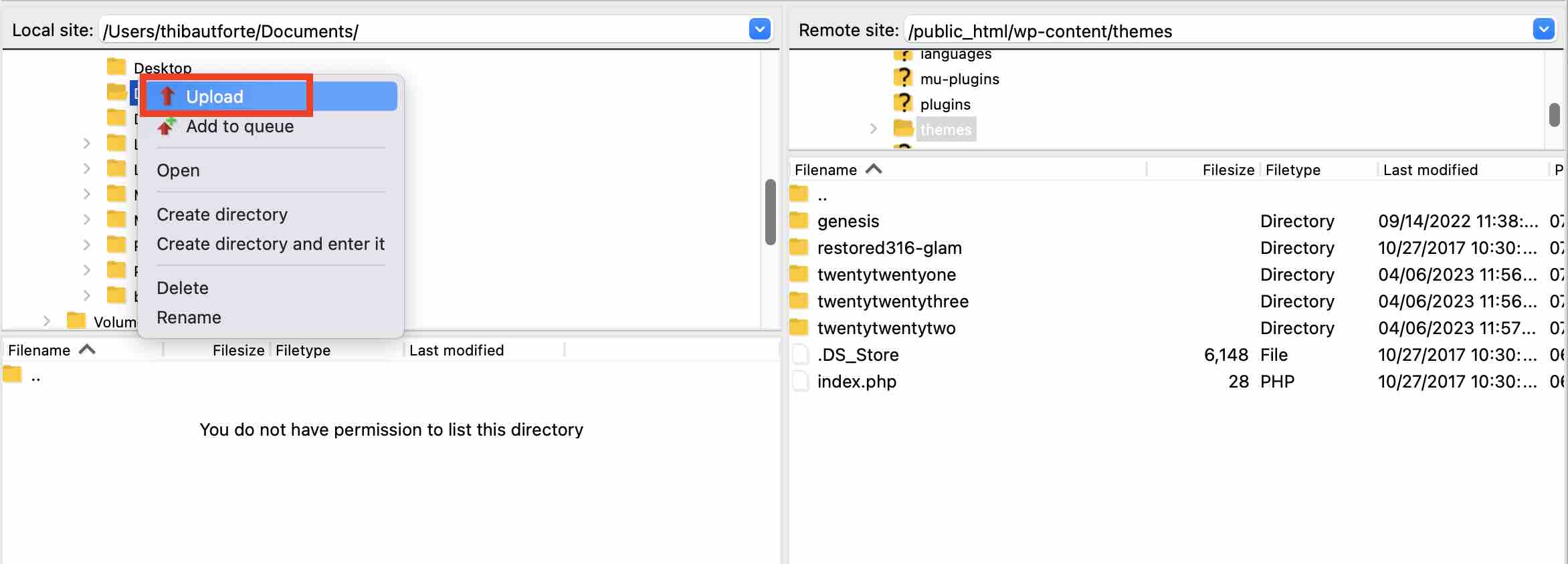 Uploading a directory on FileZilla.