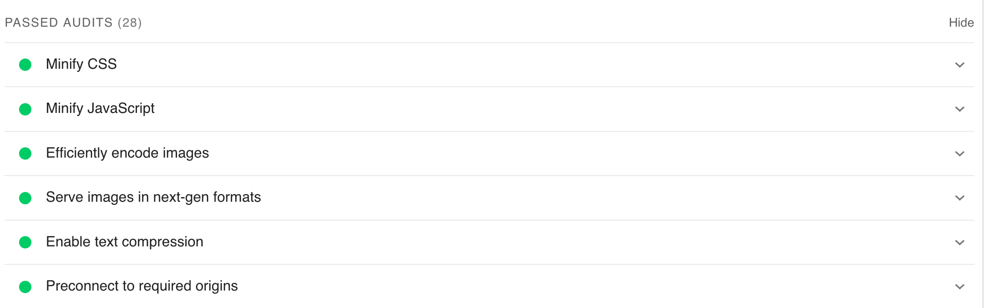 PageSpeed Insights has a section for audits your page has passed.