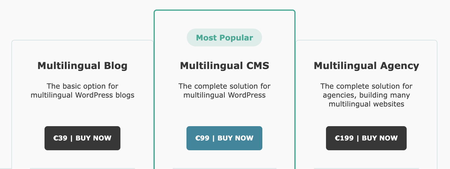 The 3 licenses offered by WPML.