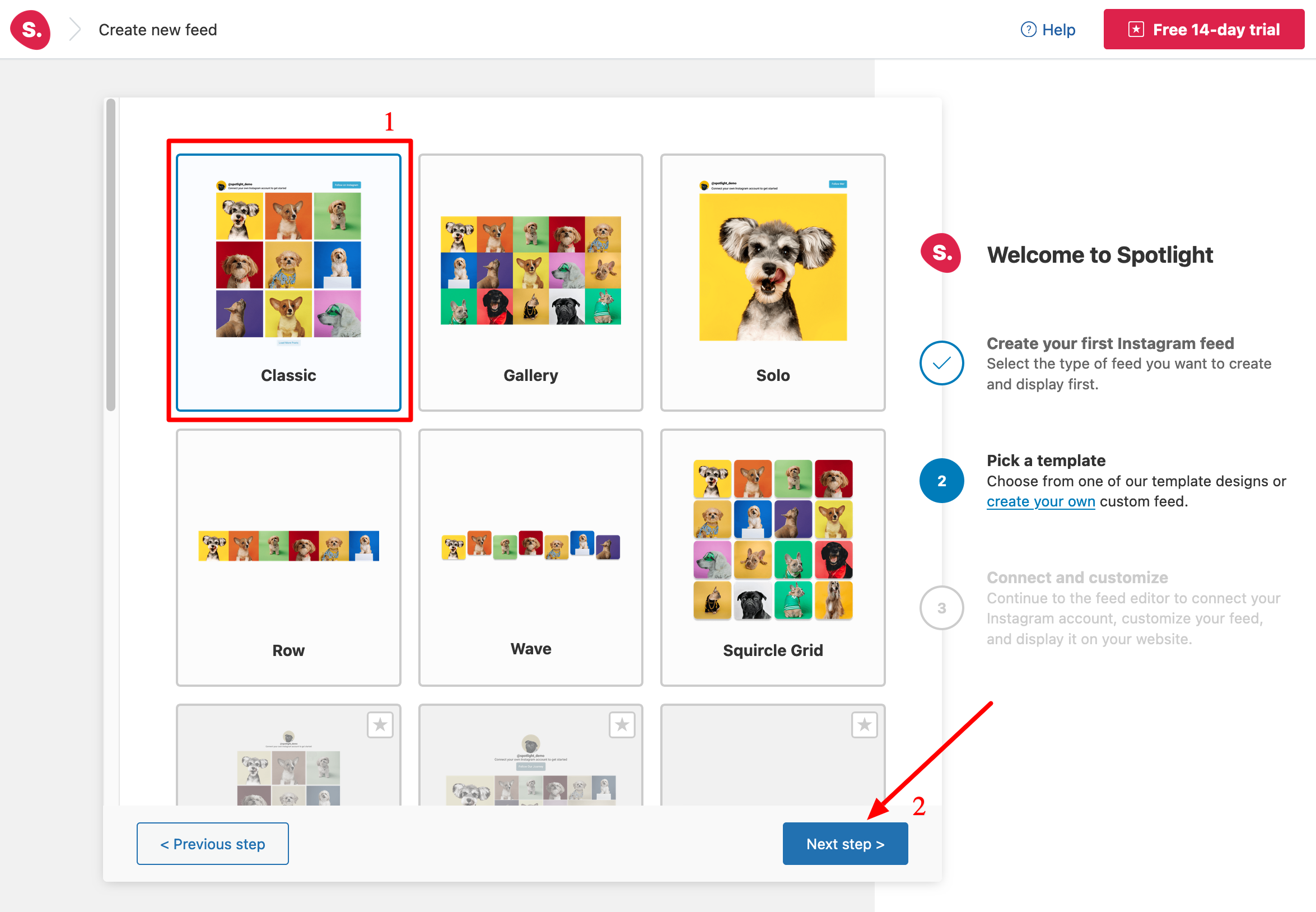 Choix d'un tmeplate avec Spotlight Social Feed.