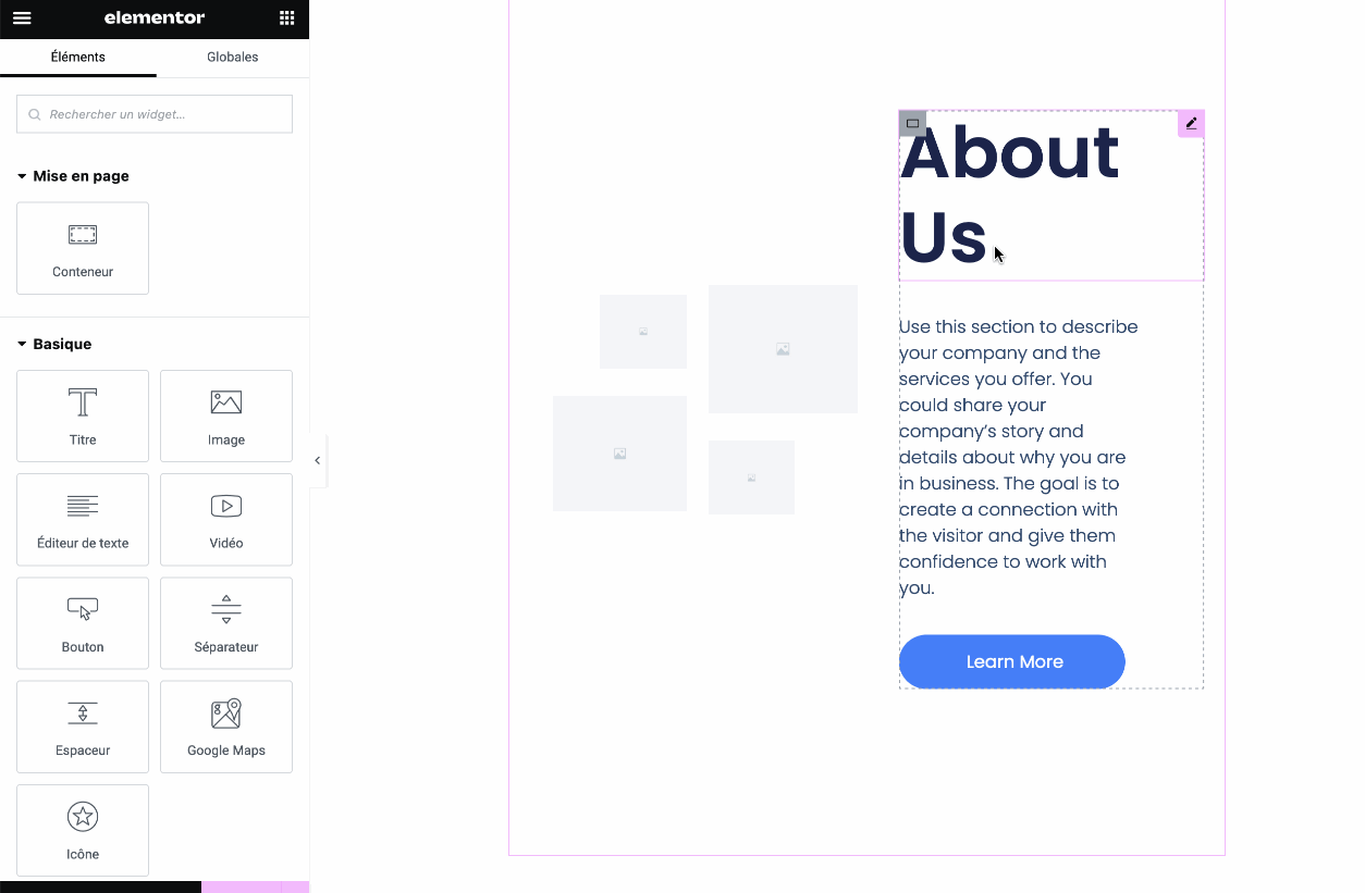 Édition d’une page sur le page builder Elementor.