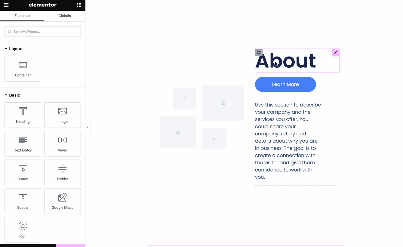 Editing a page with Elementor.